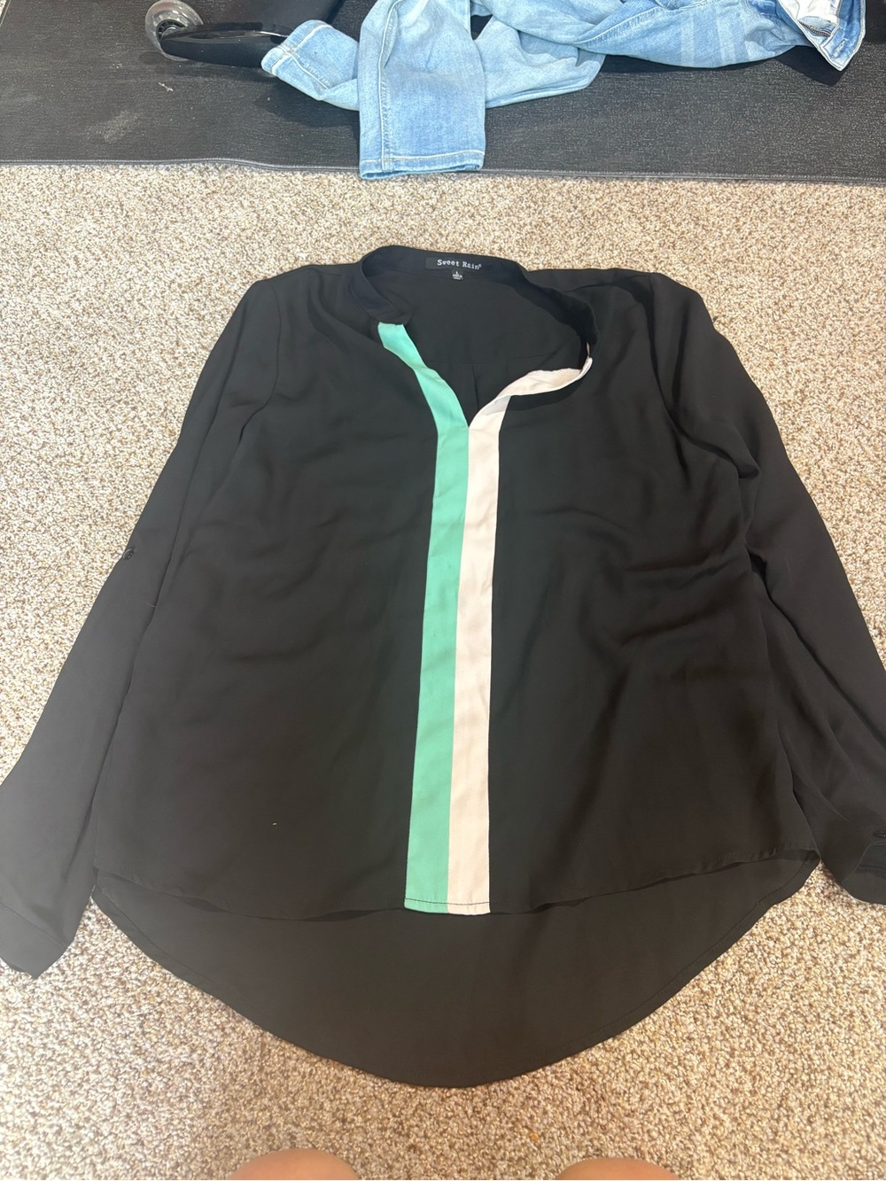 Sweet Rain Black Long-Sleeve Blouse with Mint and Cream Stripe